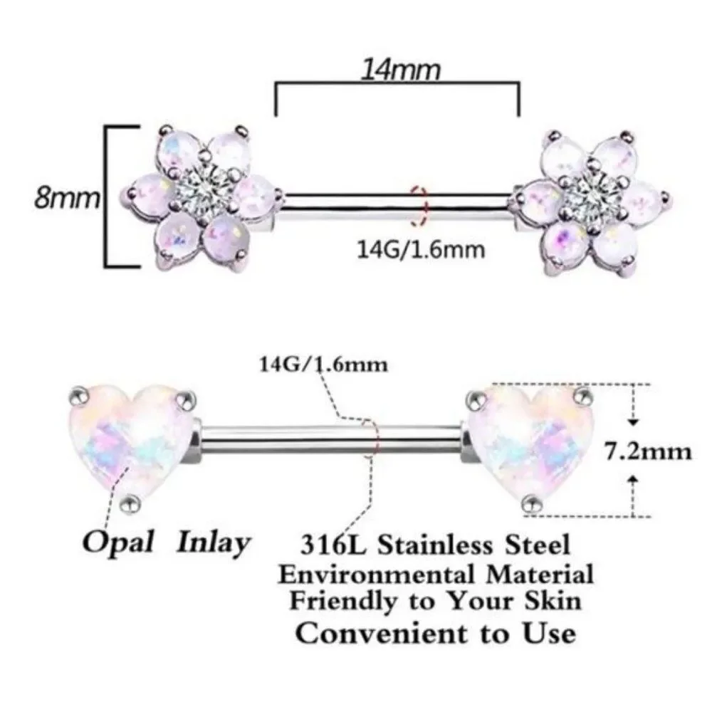 14G 316L Opal Flower and Heart Cubic Zirconia Nipple Rings - 2 Sets